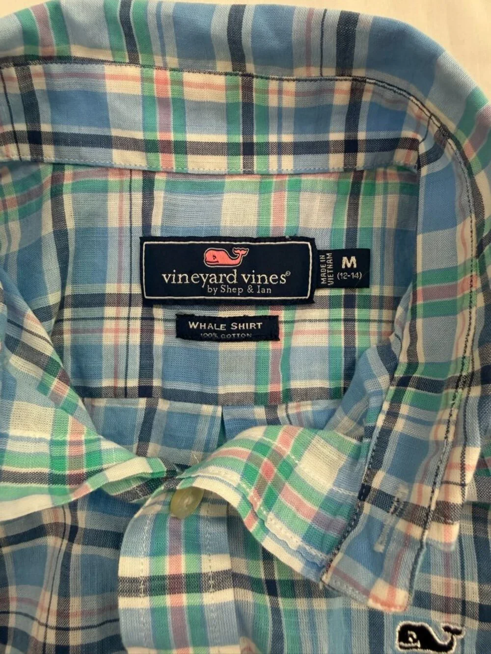 Vineyard Vines Boys Blue Plaid Whale Button-Down Shirt Size M (12-14)